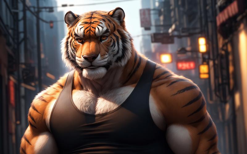 03174-4039783111-furrender style,portrait of a large muscular male siberian tiger,middle-aged,orange eyes,He wore a dark tank top and a pair of l.jpg